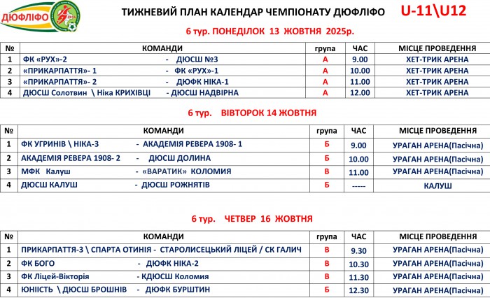 Розклад матчів змагань ДЮФЛІФО U-11 та U-12