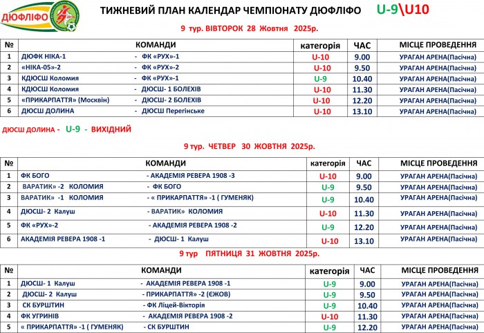 Розклад матчів змагань ДЮФЛІФО U-9 та U-10