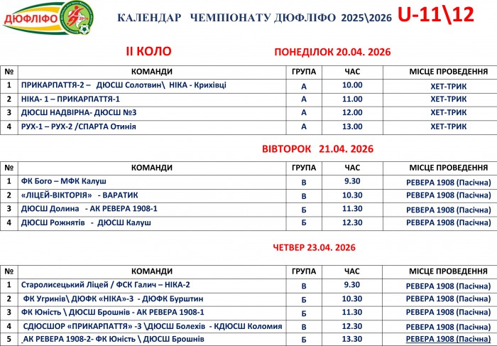 Розклад матчів змагань ДЮФЛІФО U-11 та U-12