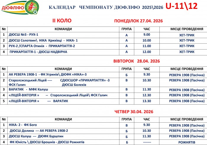 Розклад матчів змагань ДЮФЛІФО U-11 та U-12