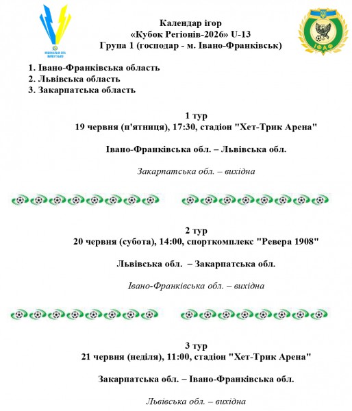 В Івано-Франківську відбудеться груповий етап турніру "КУБОК РЕГІОНІВ" U-11, U-12 та U-13