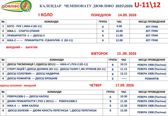 Розклад матчів змагань ДЮФЛІФО U-11 та U-12