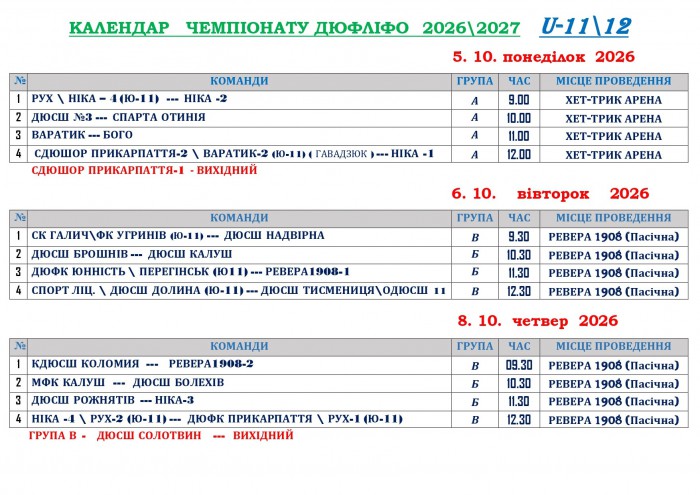 Розклад матчів змагань ДЮФЛІФО U-11 та U-12